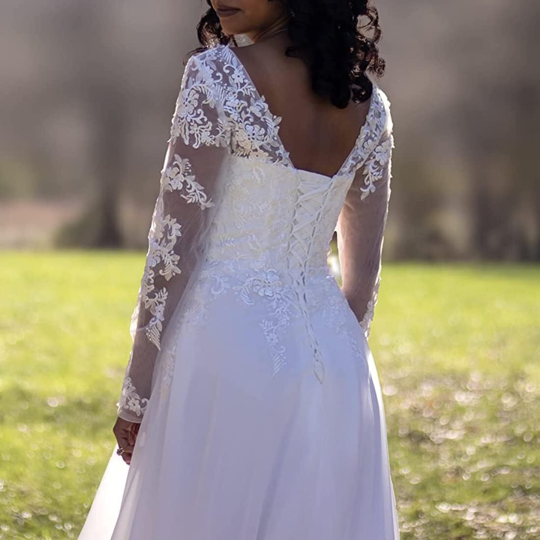 Women’s Chiffon Wedding Dress – Lace Appliques Off-The-Shoulder Bridal Gown
