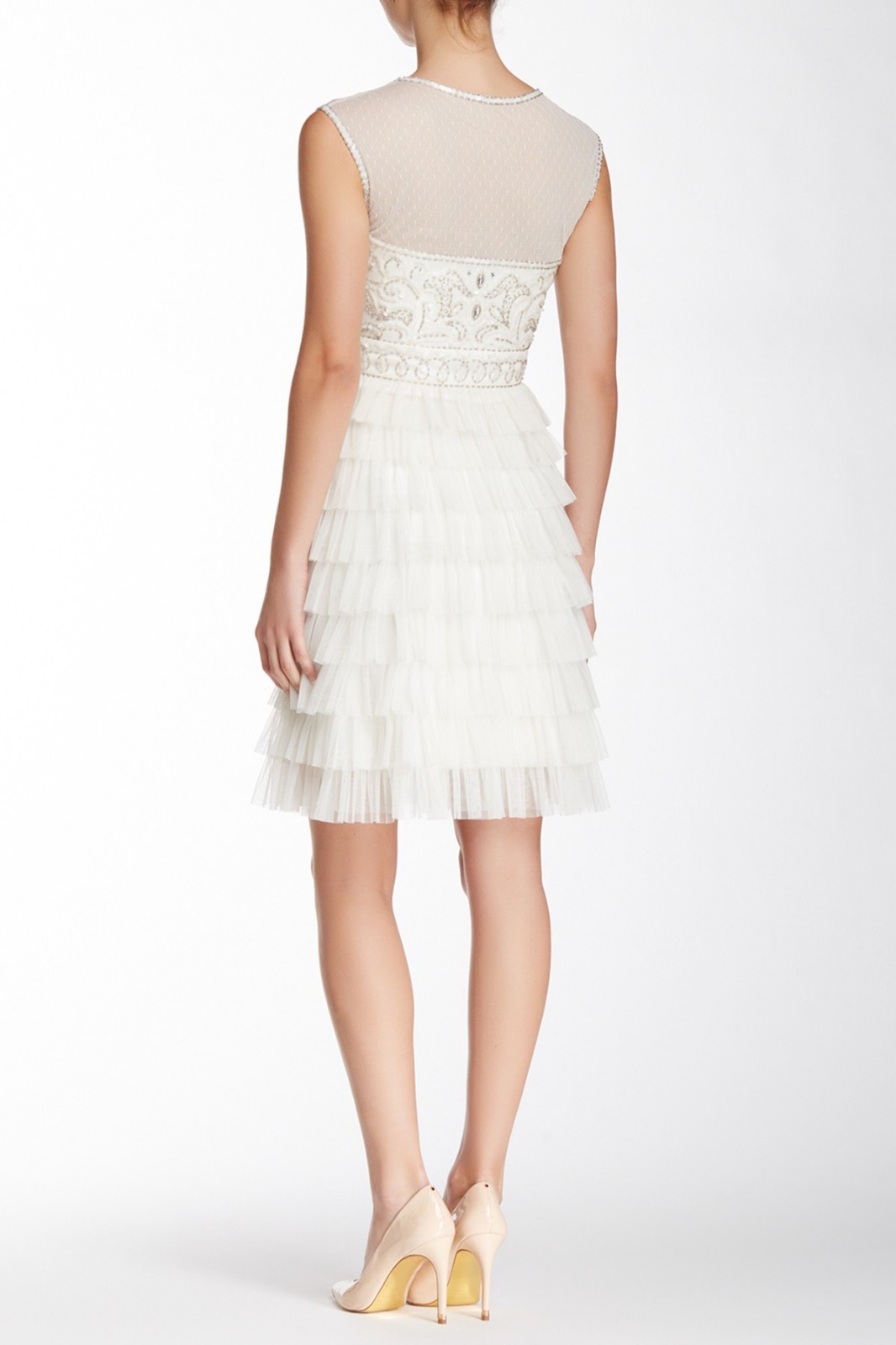 Sue Wong Art Deco Illusion Beaded Bodice Layered Ruffle Short Dress NWT Size 6