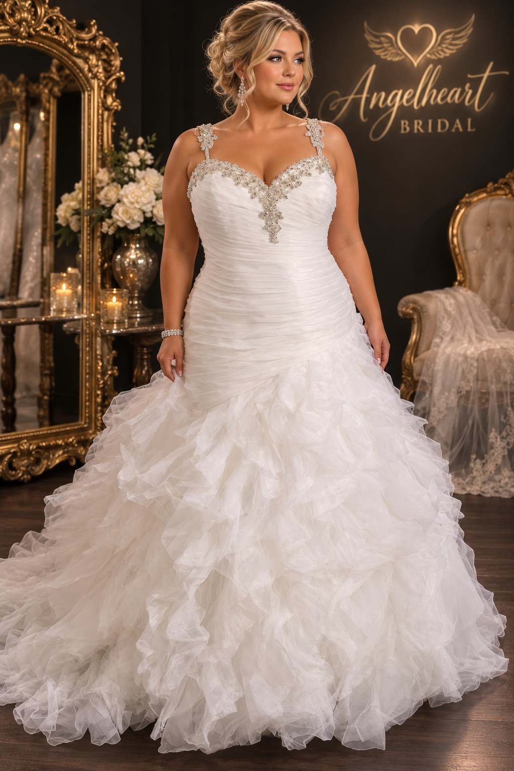 The Amelia Allure Style 9267 Sz 26 Orangza Train Detailed Rhinetones White…