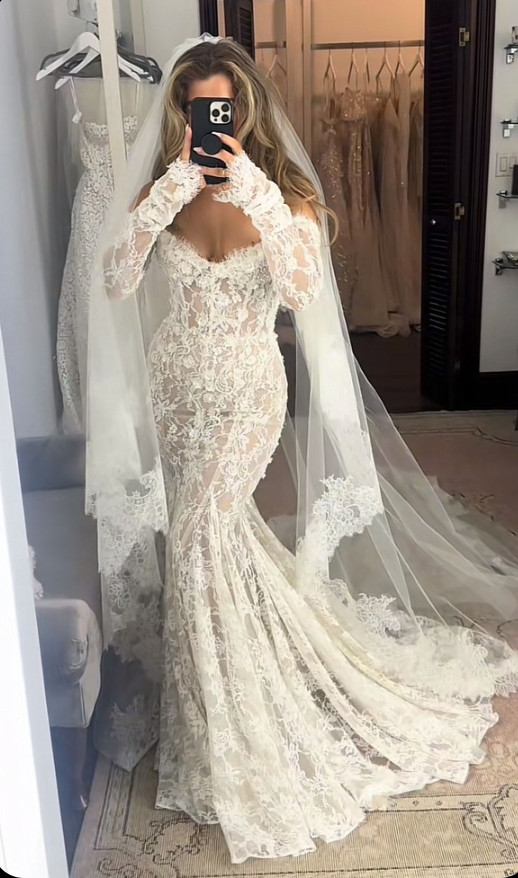 Long Sleeve Deep V Mermaid Bridal Gown Sheer Fitted Wedding Dress With Train