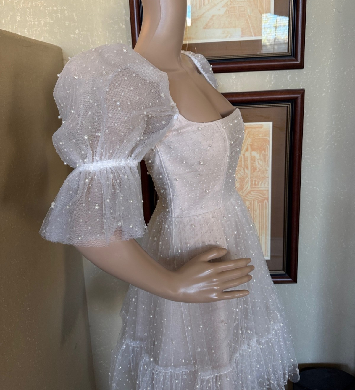 By Watters Macaron Ivory Blush Bridal Wedding Puff Sleeve Mini Dress sz 2 NWT