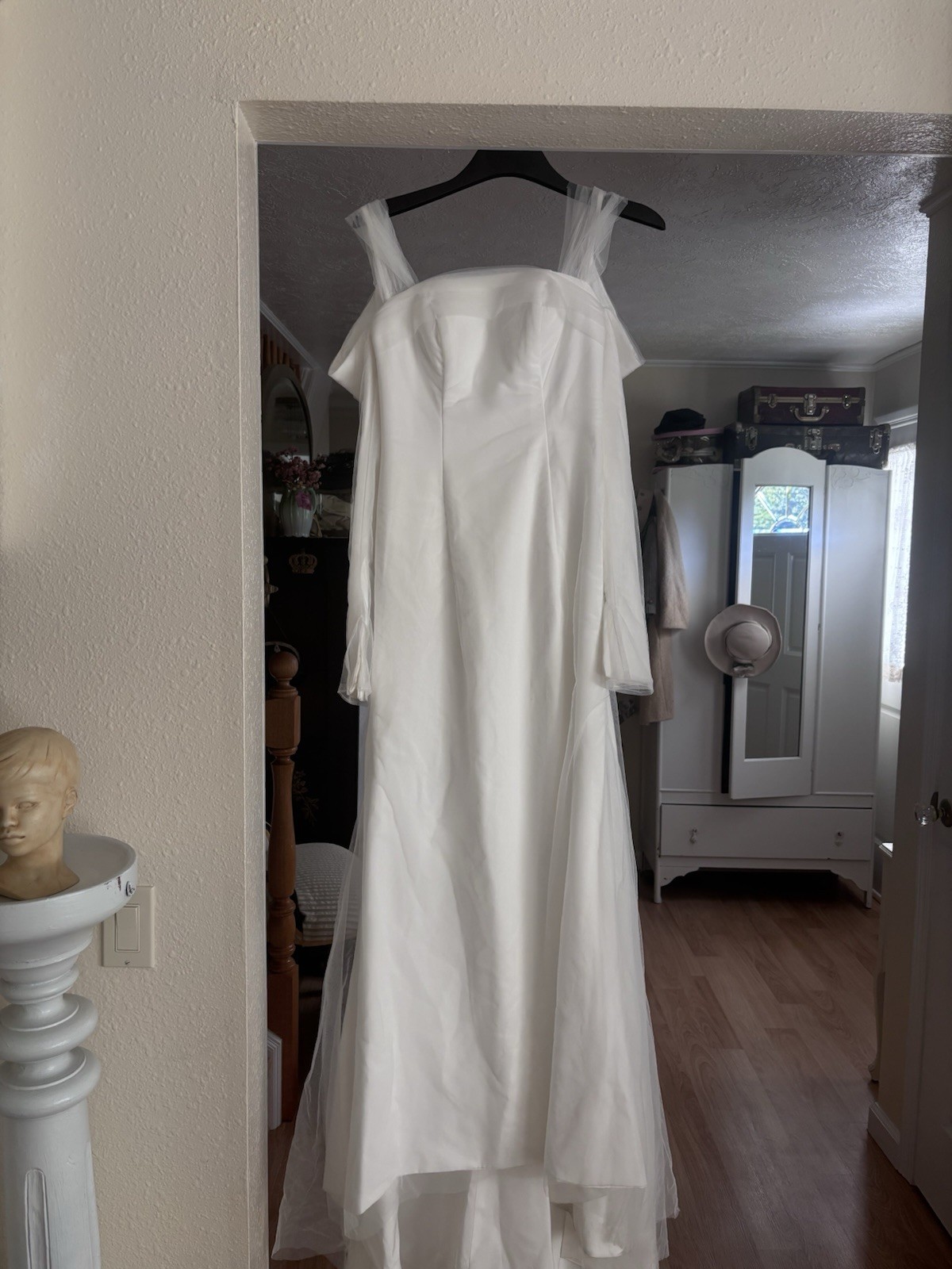 TANYA White Off-The-Shoulder Square Neck Long Sleeve Sheath Wedding Dress Train