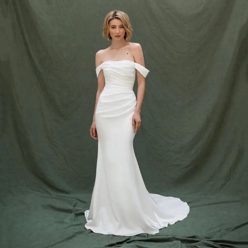 Off Shoulder Ruched Satin Mermaid Wedding Dress Bridal Gown With Train