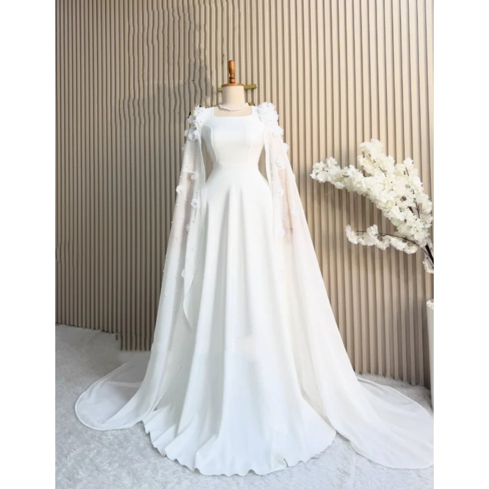Muslim Chiffon Wedding Dress 3D Floral Pearl Cape Sleeve Bridal Gown With Train