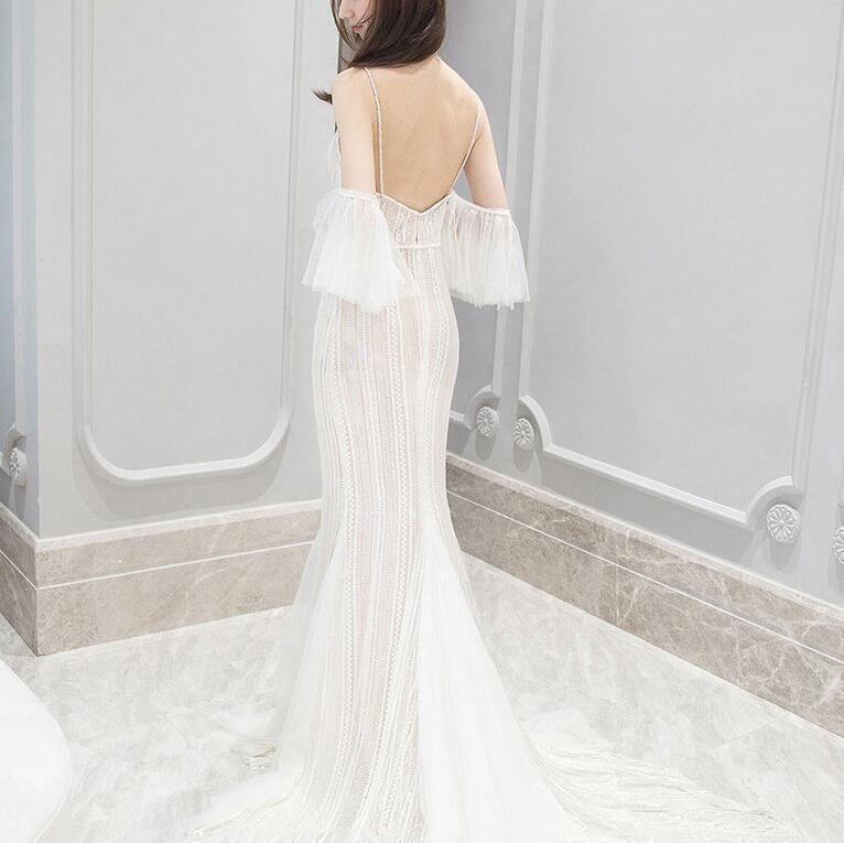 Women Light Wedding Dresses V-Neck Bridal Dress Off Shoulder Beach Lace Trailing