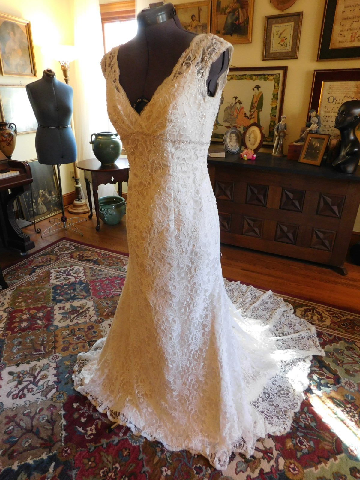 BEAUTIUL OFF WHITE BEADED LACE “DAVID’S” WEDDING GOWN S 8
