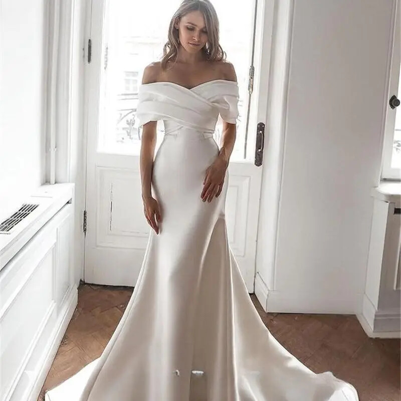 Off Shoulder Draped Satin Mermaid Wedding Dress Ruched Bridal Gown With Train