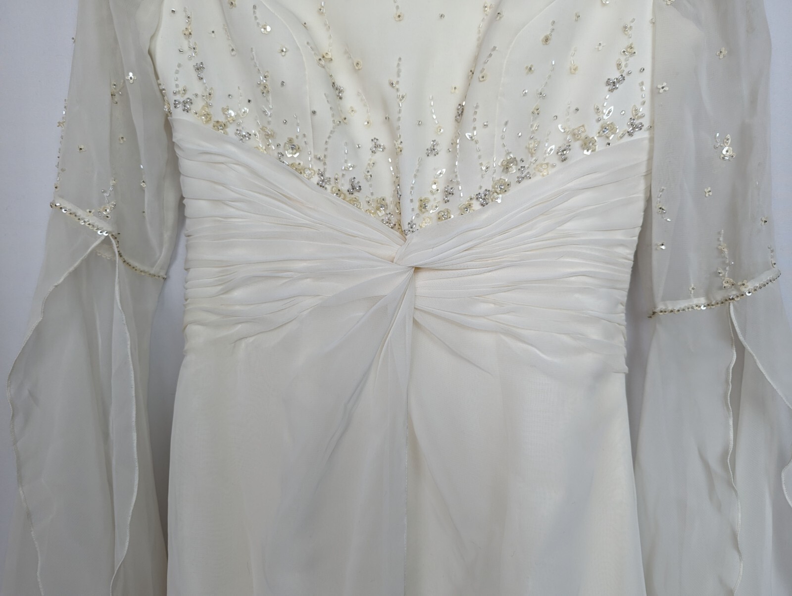 St. Patrick Sz 6 Ivory Wedding Gown Long Draped Sheer Sleeves Train Embellished