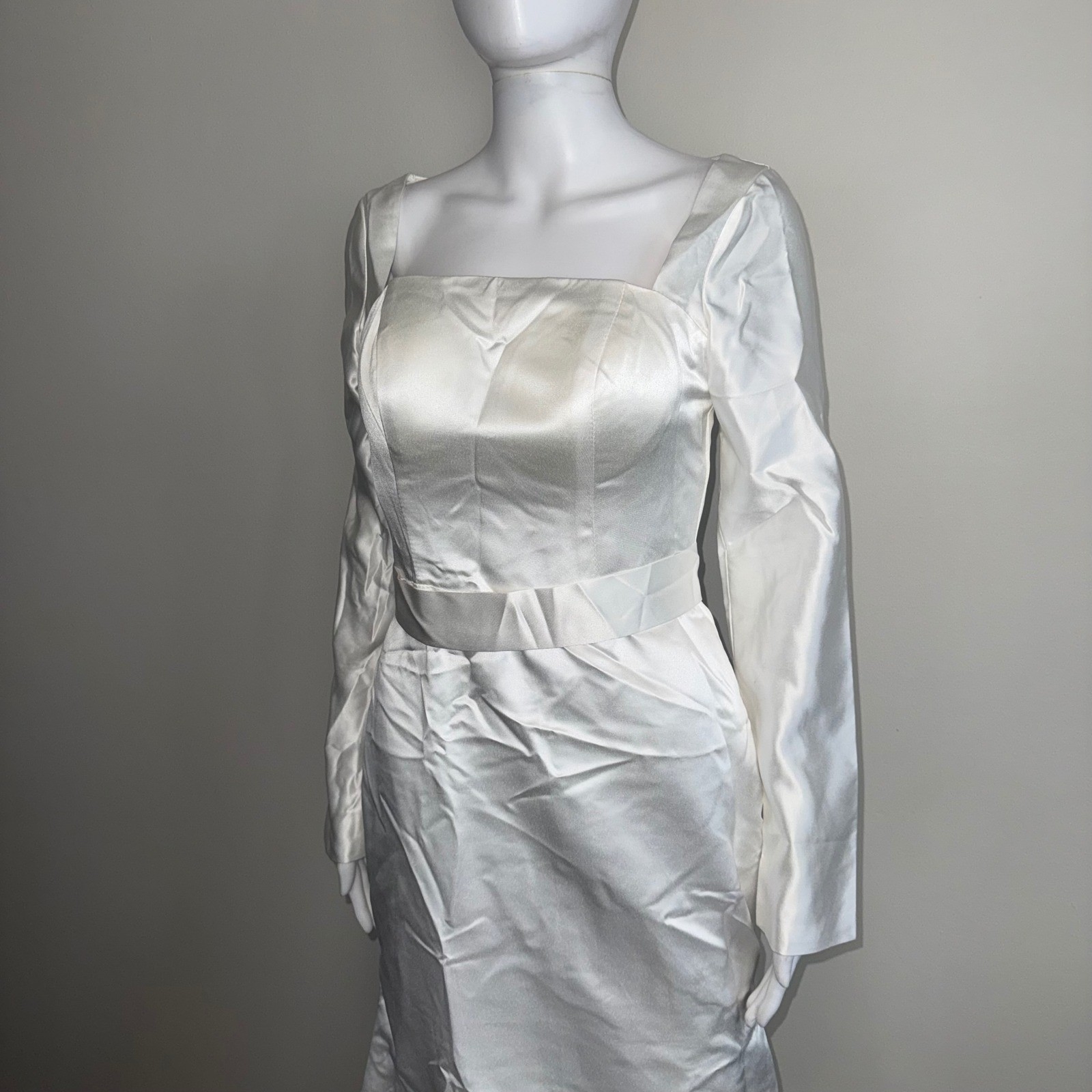 Hebeos White Satin Wedding Gown Square Neck Open Back Mermaid Bridal Dress XS