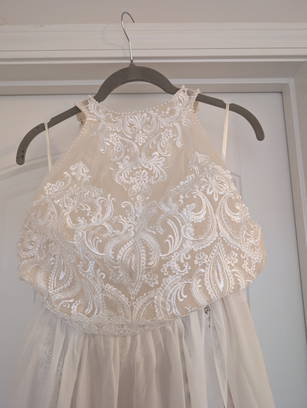 Ivory Halter Neck Sleeveless Lace & Embroidery A-Line Full-Length