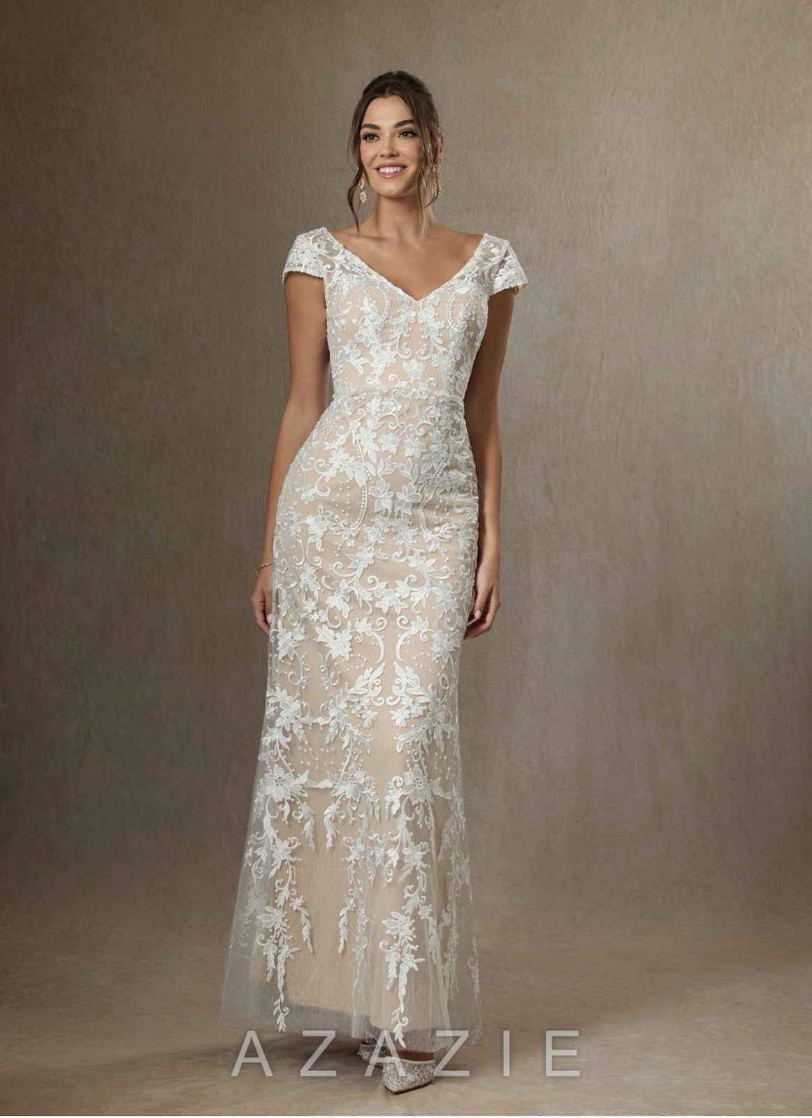 Azazie Ivory Lace Embroidered V-Neck Cap Sleeve Sheath Gown Zipper/Buttons