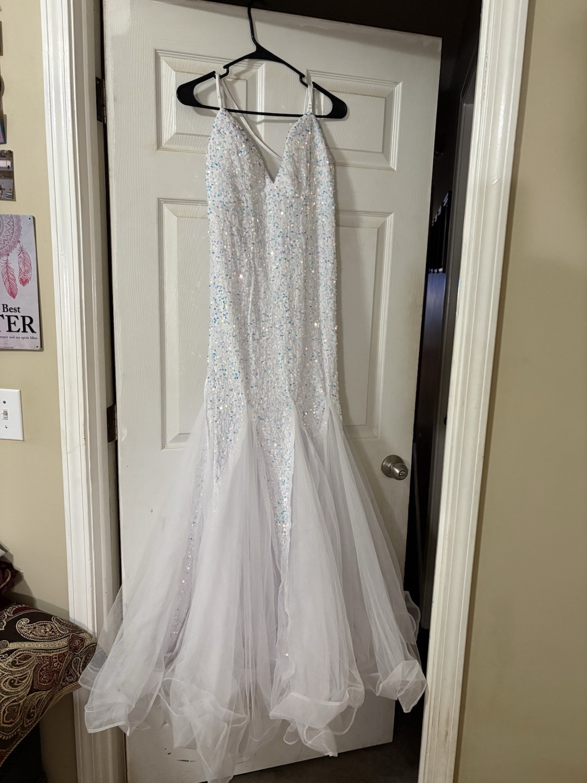 ME THE CODE White Sequin Tulle Mermaid Wedding Dress V-Neck Corset Back L