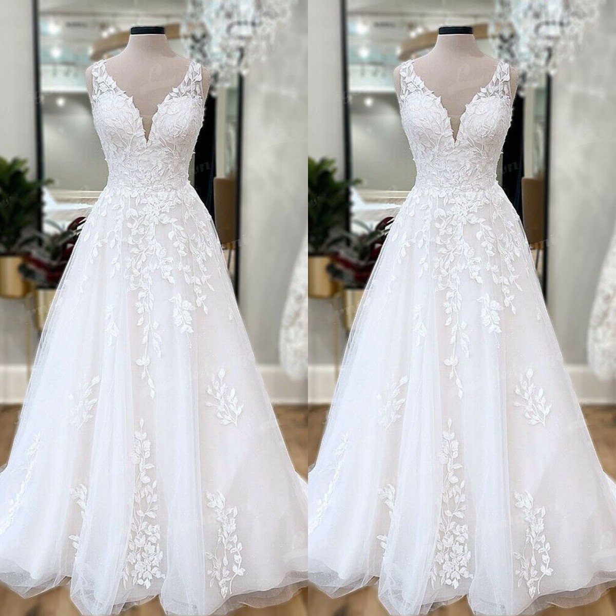 Beach Boho Wedding Dresses V Neck White Ivory Sleeveless Lace Bridal Gowns