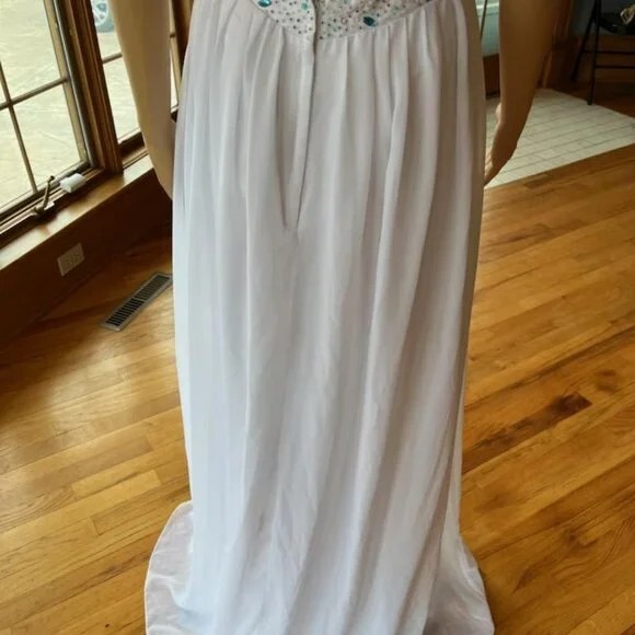 *White Chiffon Blue Pink Beading Strapless Wedding Gown Bridal Dress Size 12