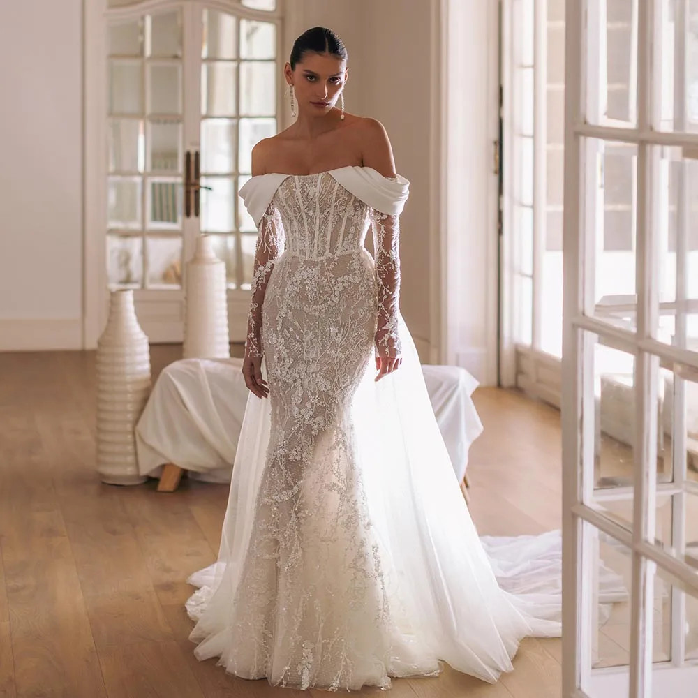 Off Shoulder Long Sleeve Beaded Lace Mermaid Wedding Dress With Detachable Train