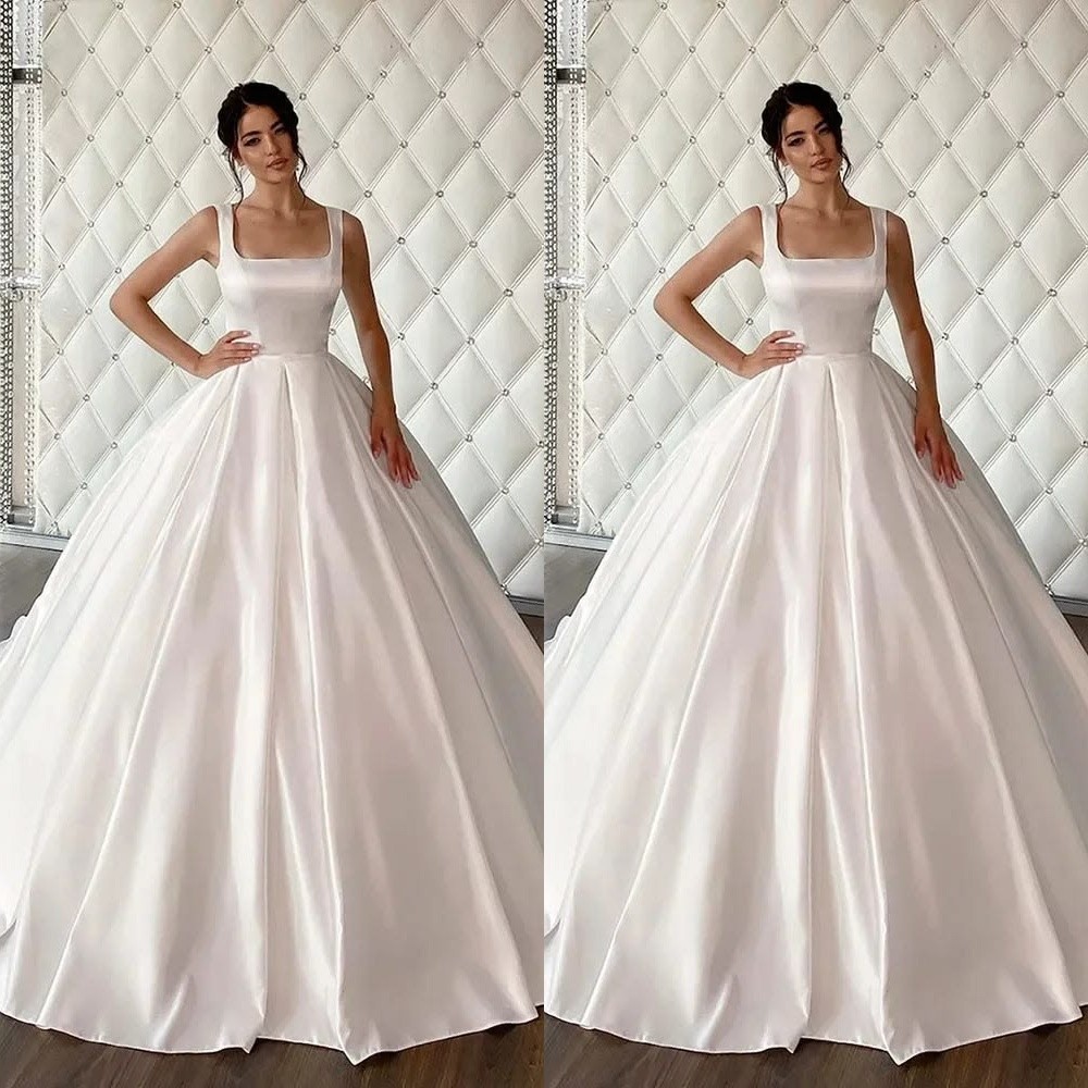 Simple Wedding Dresses Square Neck Satin A Line Sweep Train Ball Bridal Gowns