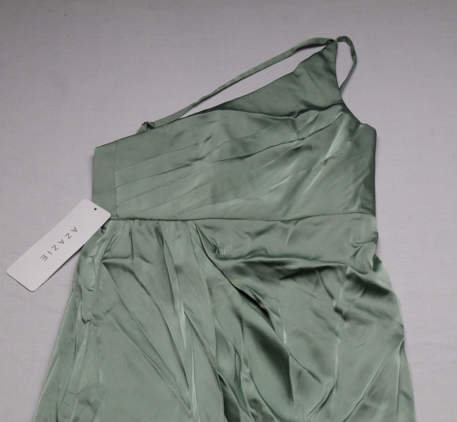 Azazie Junior Girls Mika A-Line Pleated Stretch Satin Dress AP2 Matcha Size: J10