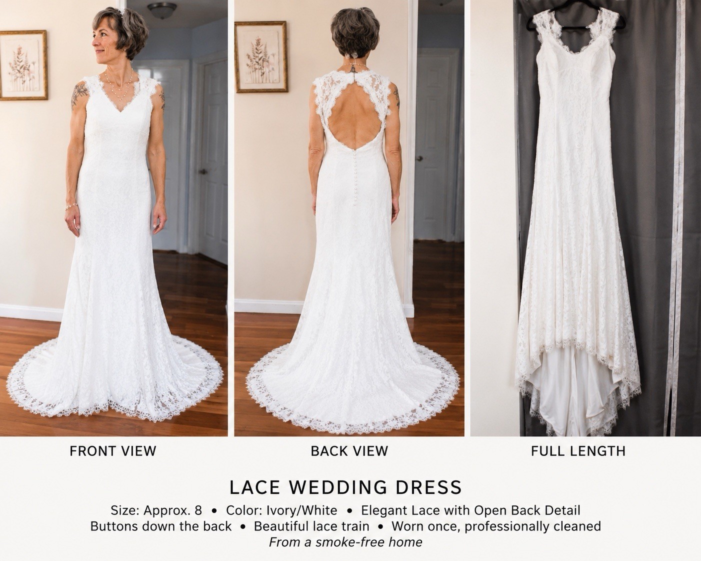 Ivory/White Lace Mermaid Wedding Dress V-Neck Sleeveless Open Back Buttons Sz 8