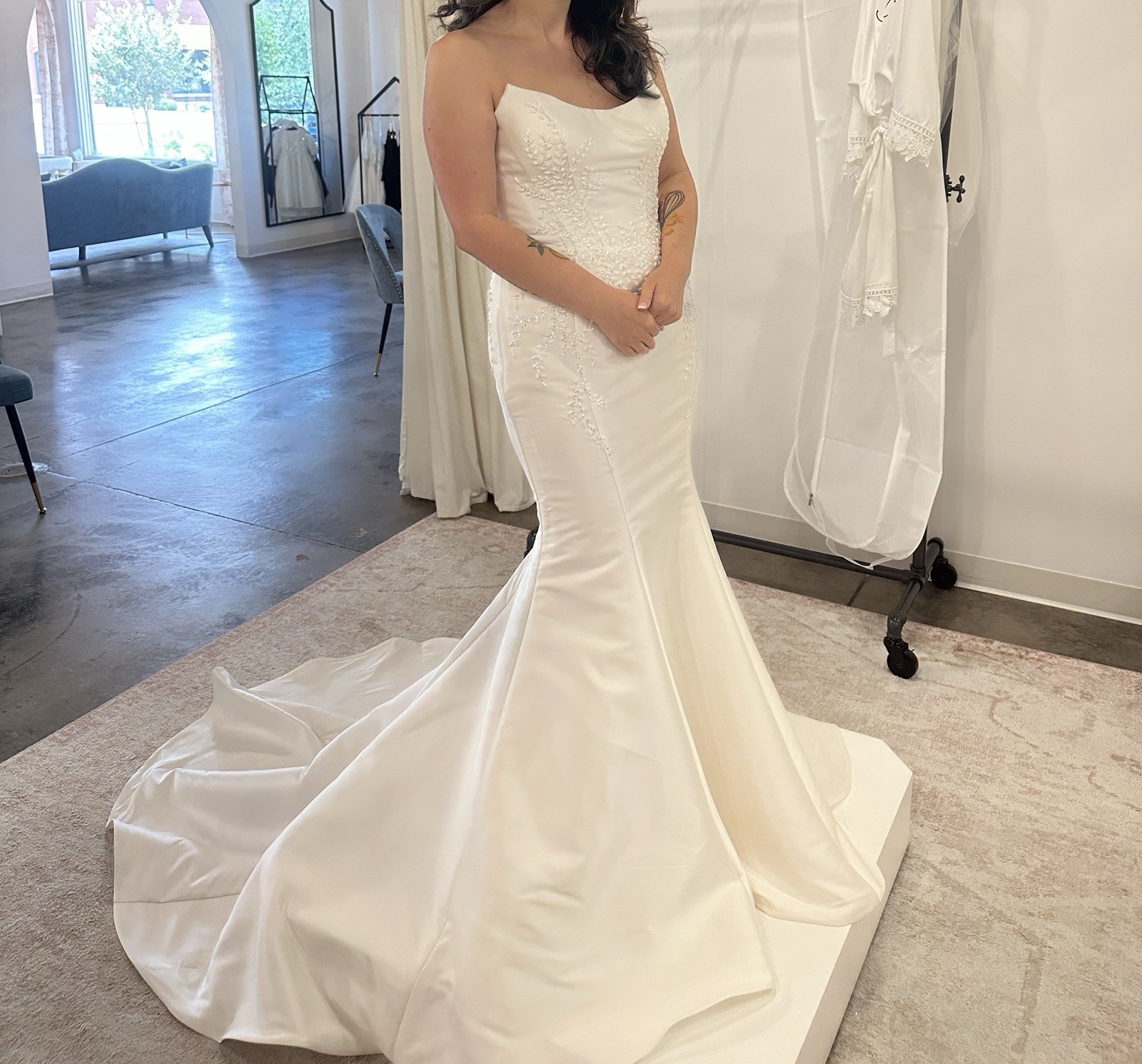 Dany Tabet Talia Ivory Mermaid Satin Wedding Dress Square Neck Size 12