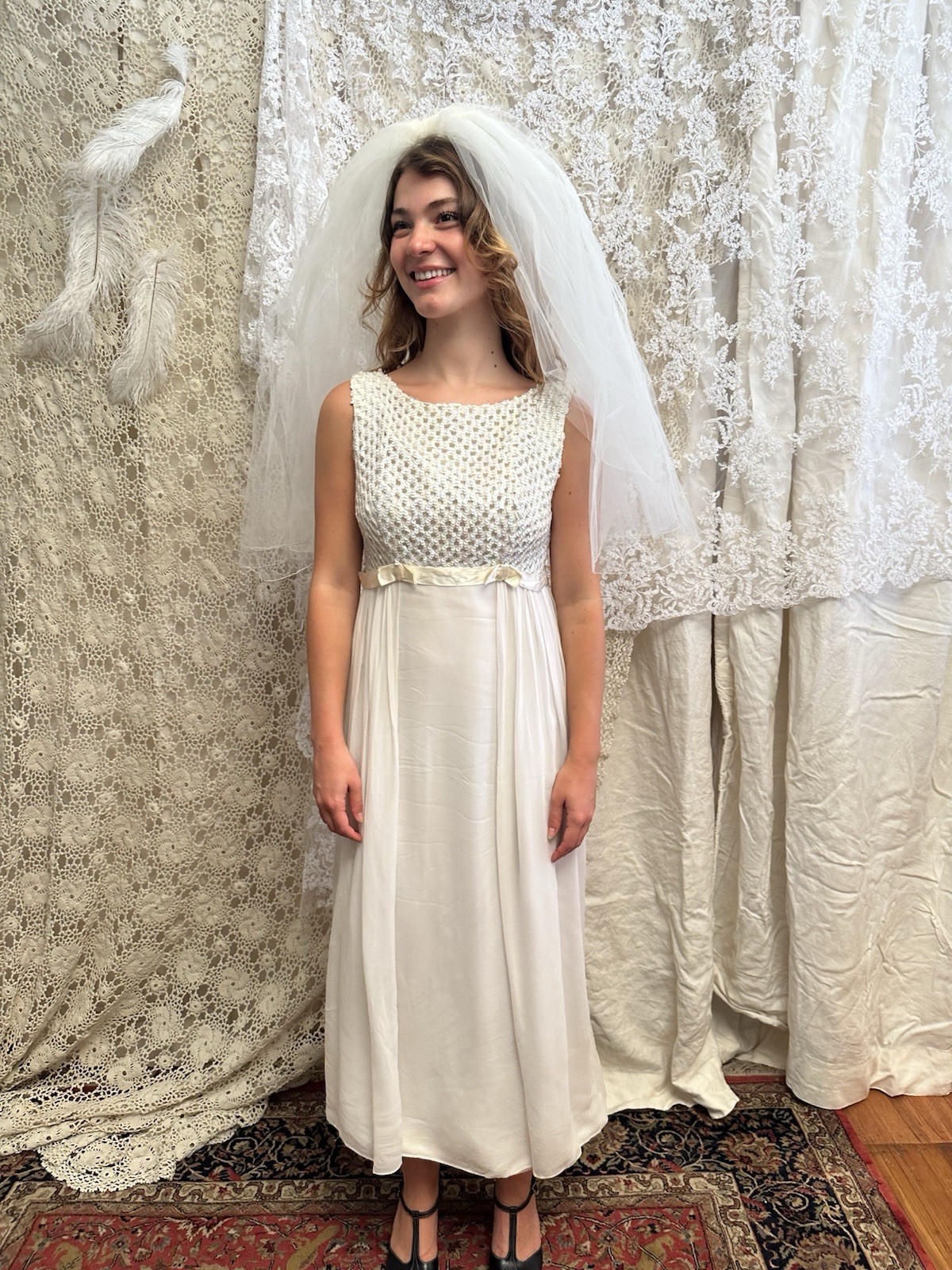 1960s sleeveless Scoop Neck Beaded Bodice A-Line Full-Length Wedding Dress