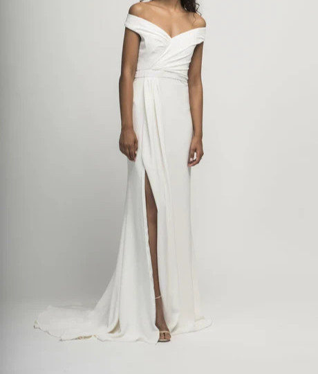 Alexandra Grecco Loren Wedding Dress Gown 8 Off-White Crepe Sheath Slit $2,900