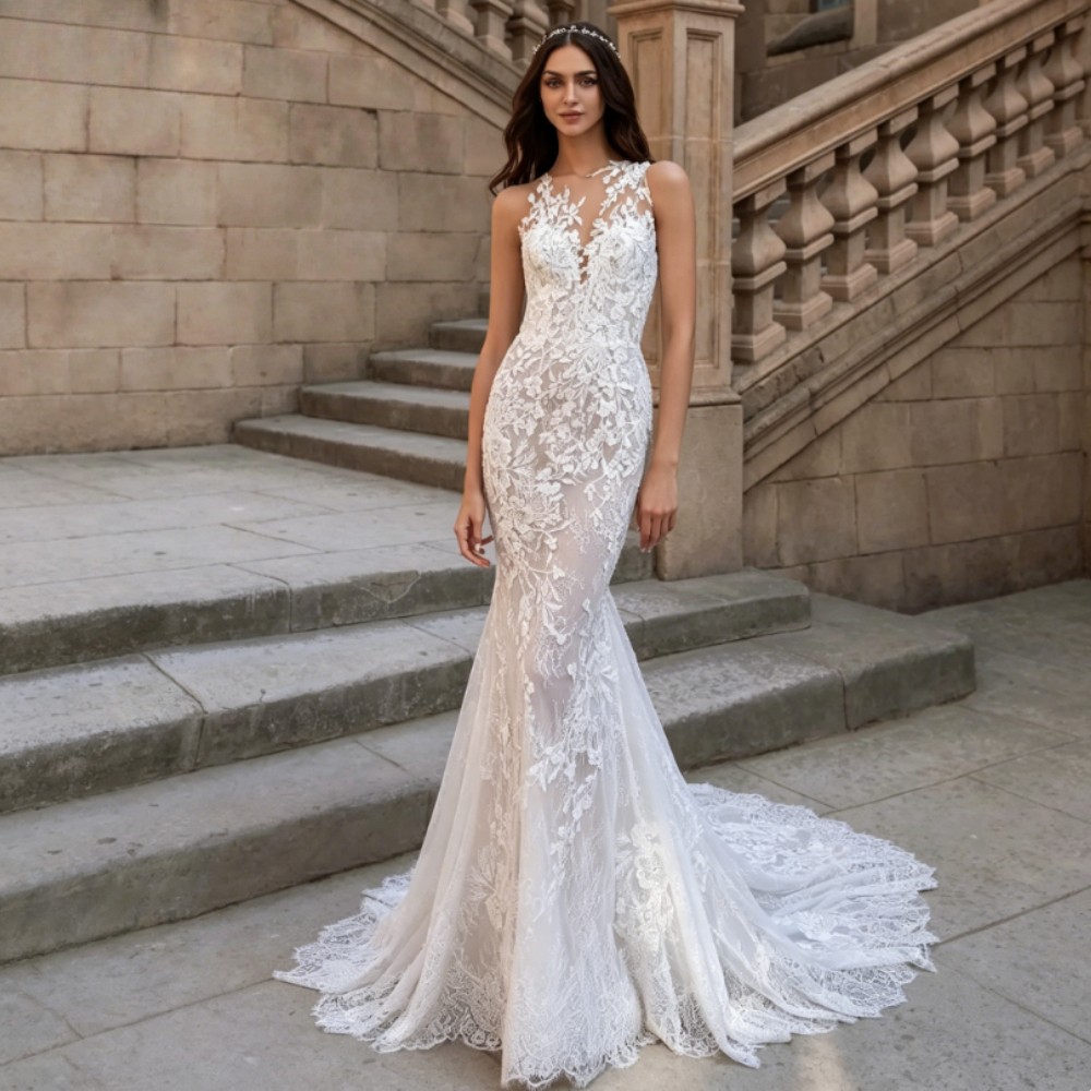 Sexy Mermaid Lace Appliques Wedding Dress Tulle Court Train Lllusion Bridal Gown