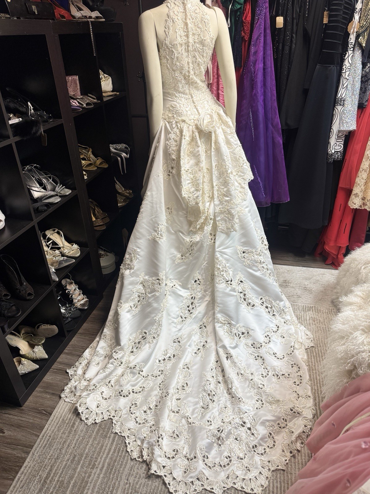 Mori Lee Halter Wedding Dress Size 10 Cream Bustle With Long Train Vintage