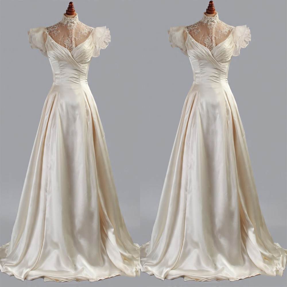 Satin Wedding Dresses Champagne High Neck Cap Sleeves Sweep Train Bridal Gowns