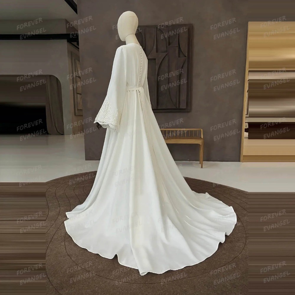 Simple Beading Arab Wedding Dresses A Line Lace Long Sleeves Satin Bridal Gowns