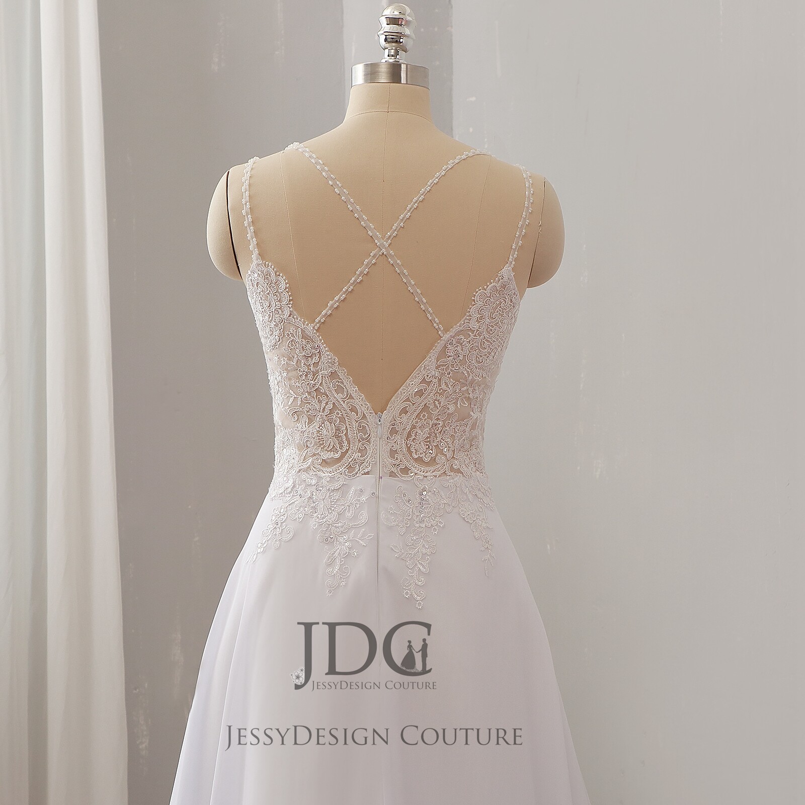 Beaded Flowy Chiffon Wedding Dress Bridal Gown Cross Straps Lace Bodice Sheer
