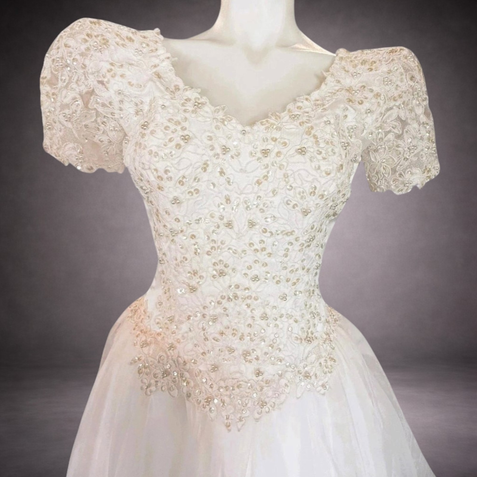 Vintage Beaded Lace Wedding Dress Sz 4 Bridal Set w/ Veil Headpiece & Petticoat