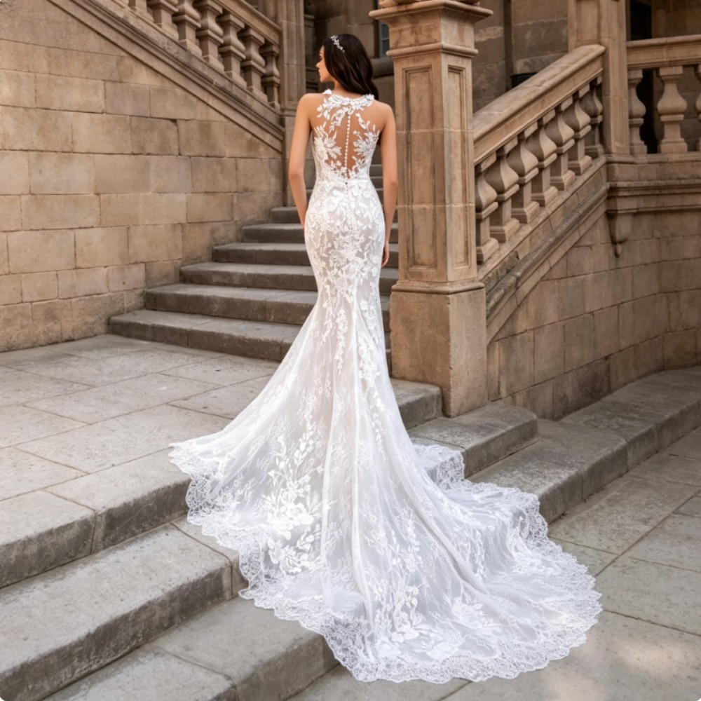 Sexy Mermaid Lace Appliques Wedding Dress Tulle Court Train Lllusion Bridal Gown