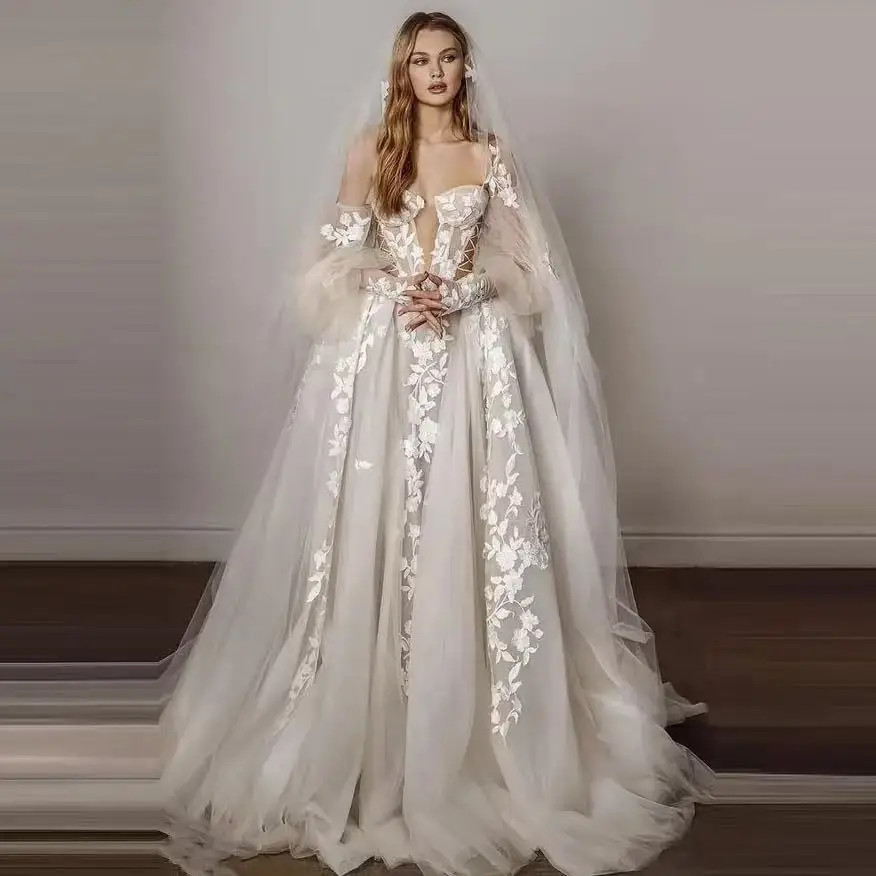 Off-Shoulder Wedding Dress Applique See-Through V-Neck Bride Dresses Full Sleeve