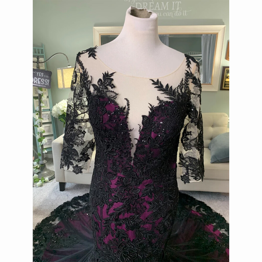 Black Purple Gothic Mermaid Wedding Dresses with Sleeves Sequin Lace Bridal Gown
