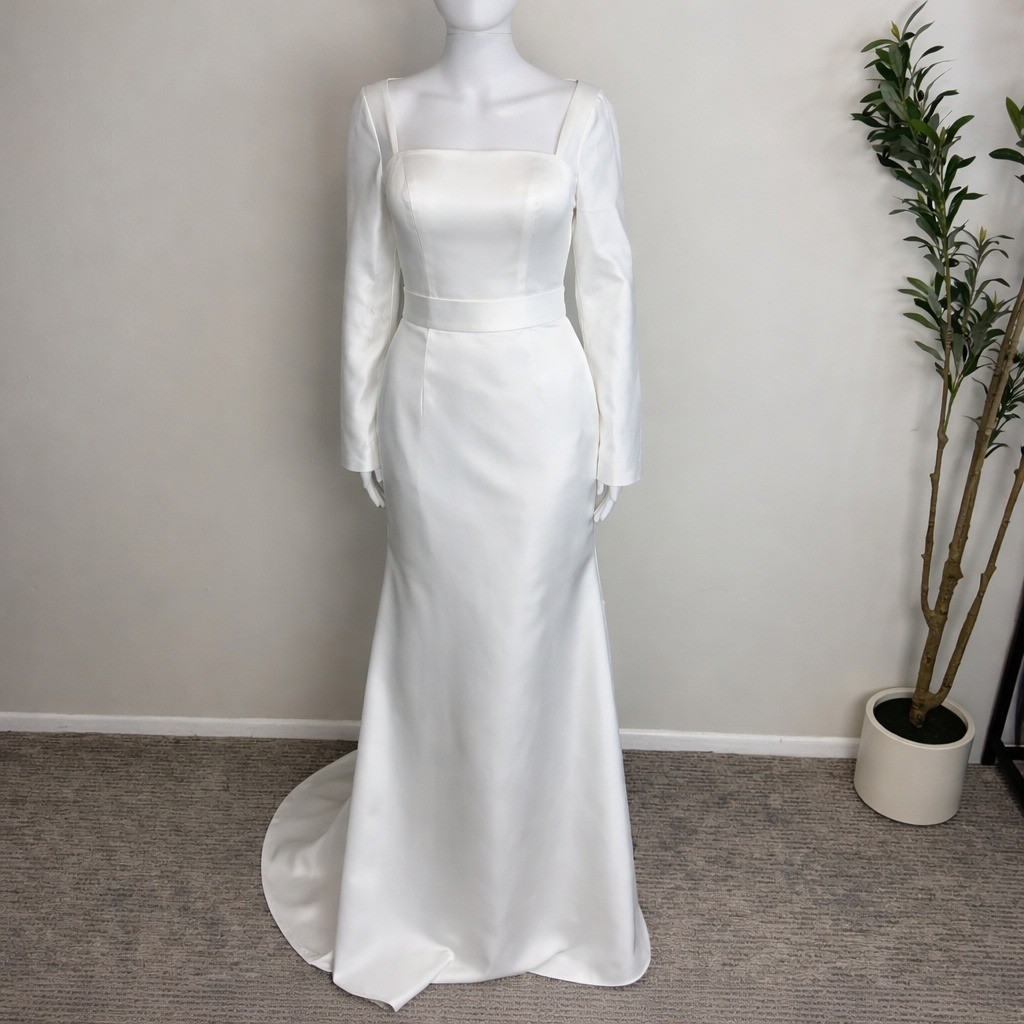 Hebeos White Satin Wedding Gown Square Neck Open Back Mermaid Bridal Dress XS