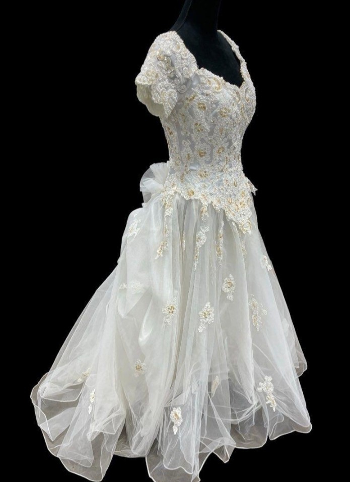 Princess Ball Gown Wedding Dress Sz 16 Faux Pearl Lace Applique Off Shoulder D30