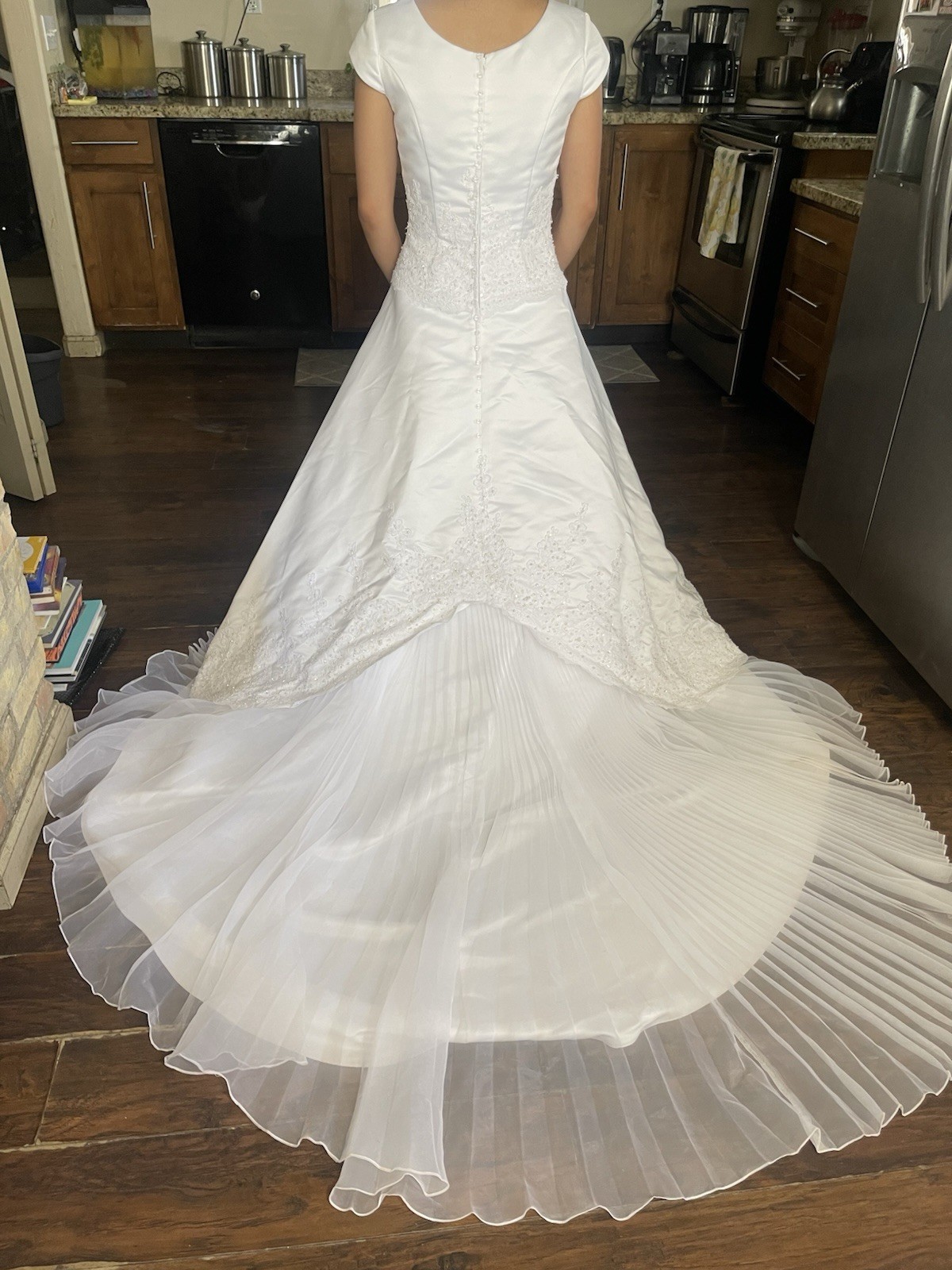 Eternity White Satin A-Line Wedding Dress Scoop Neck Cap Sleeve Lace Train 6