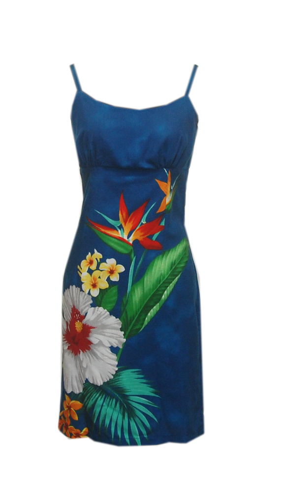 Hawaiian Short Rayon Blue Tropical Flower Ladies Spaghetti Sundress-S-2XL