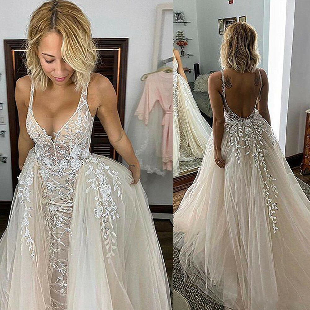 Champagne V Neck Wedding Dresses with Detachable Train Backless Bridal Gown-*–