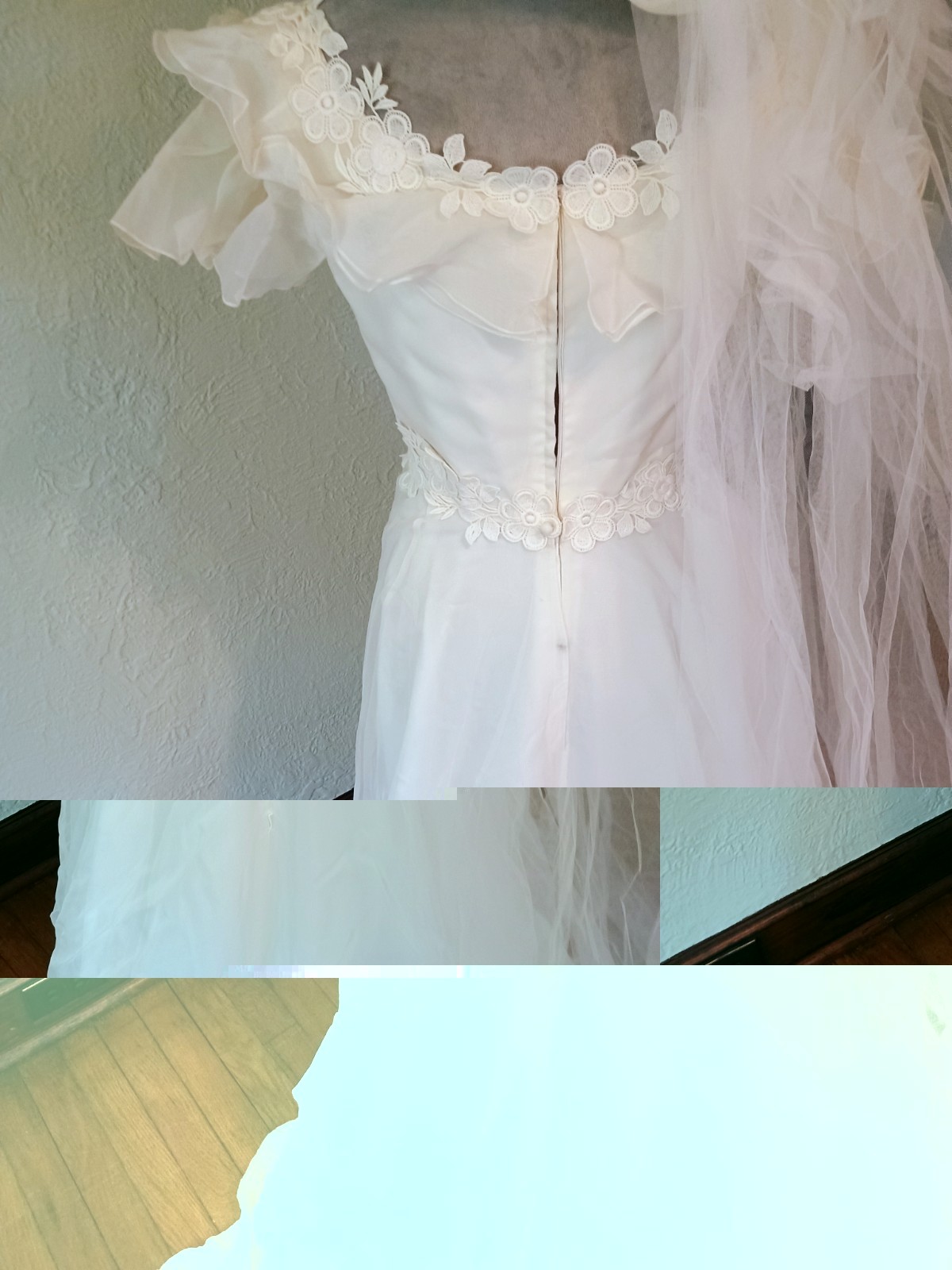 GIUSEPPE VINTAGE WHITE NYLON & SATIN FEEL WEDDING DRESS & HAT & VEIL S/M #1
