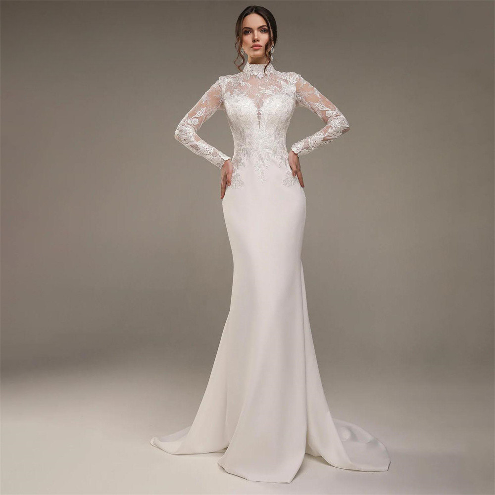 Elegant High Neck Long Sleeves Lace Applique Button Back Mermaid Wedding Dresses