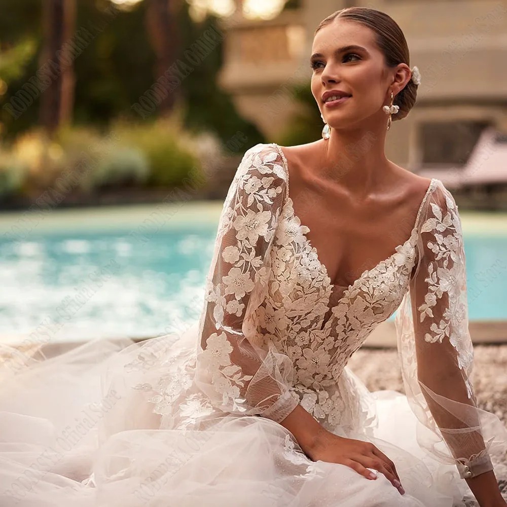 V Neck Tulle A Line Wedding Dress Long Sleeve Lace Applique Backless Bride