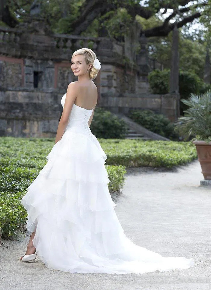Sleeveless White High Low Country A line Wedding dress Pleated Beach Bridal Gown