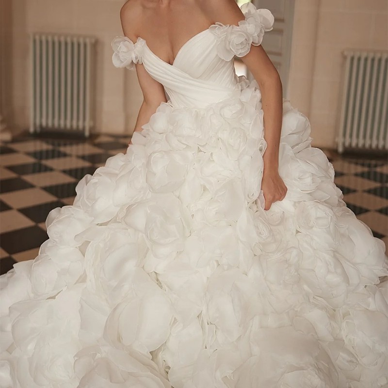 Organza Wedding Dress Off The Shoulder V Neck Pleat Flowers Arabic Bridal Gown