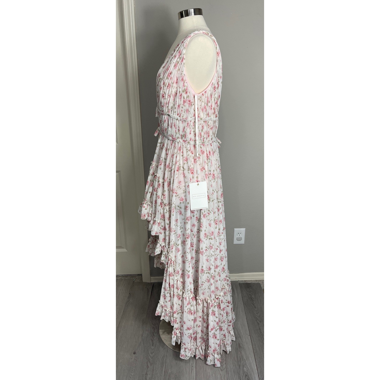 Mac Duggal 50659 Pink Floral Maxi Dress Ruffle Tiered Plunge Formal Dress