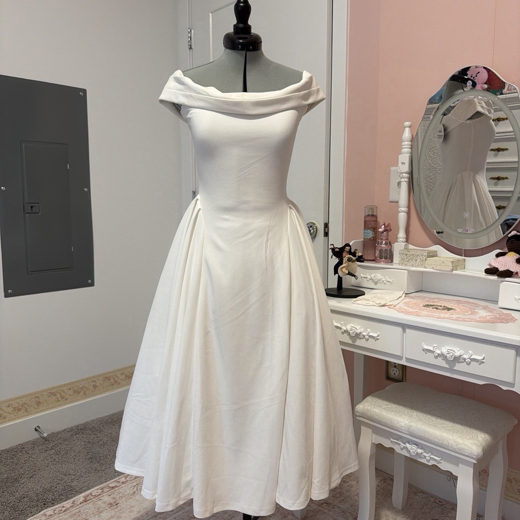 Babyboo Fashion Miranda Midi Dress Off-Shoulder Pleated A-Line Ivory XS