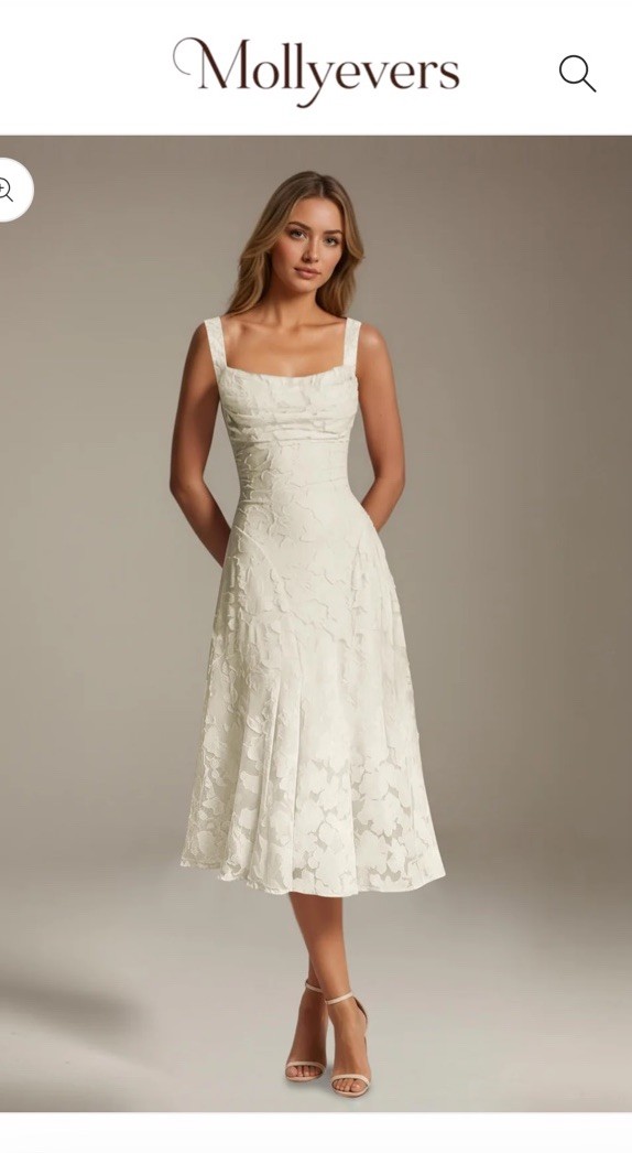 Mollyevers White Lace Square Neck Sleeveless A-Line Tea-Length Zipper Dress