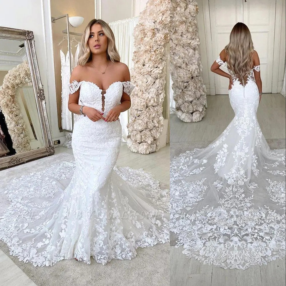 Sexy Mermaid Wedding Dresses Off Shoulder Chapel Train Lace Applique Bridal Gown