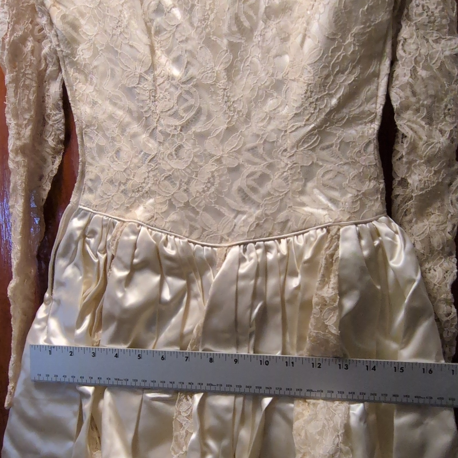 Vintage Ivory Lace Satin A-Line Wedding Dress Long Sleeve High Neck Button Back