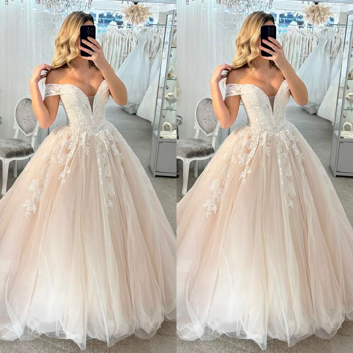 Blush Pink Wedding Dresses Off Shoulder Elegant Tulle Lace Classic Bridal Gowns